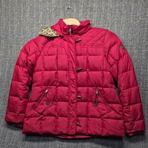Lauren Ralph Lauren Puffer Coat Women XL Red Down Faux Fur Hood Toggle Jacket